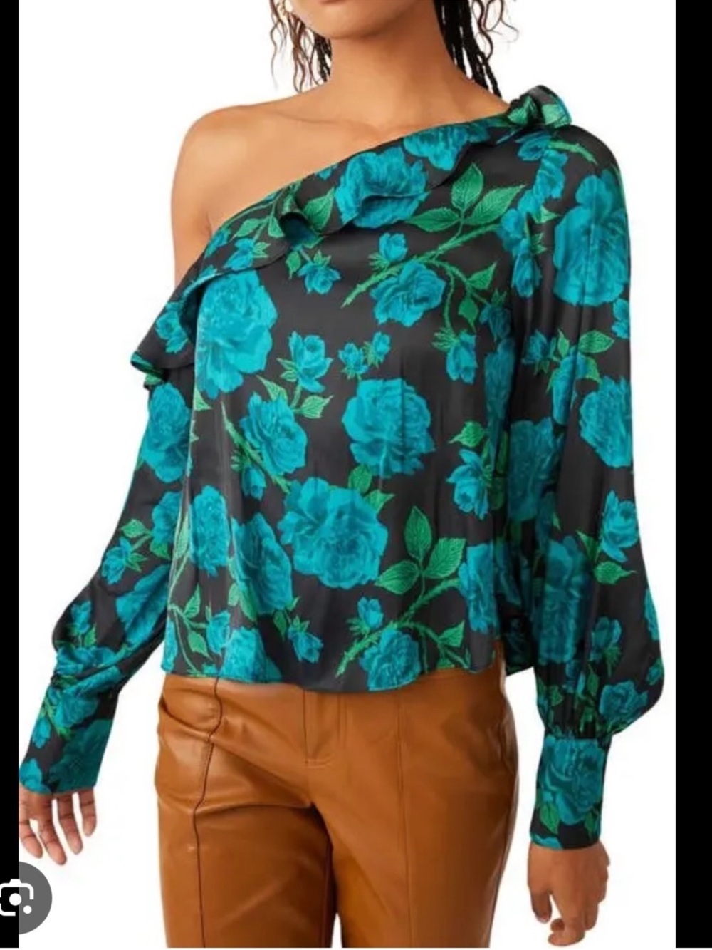 Free People These Nights Black Teal Combo One Shoulder Top